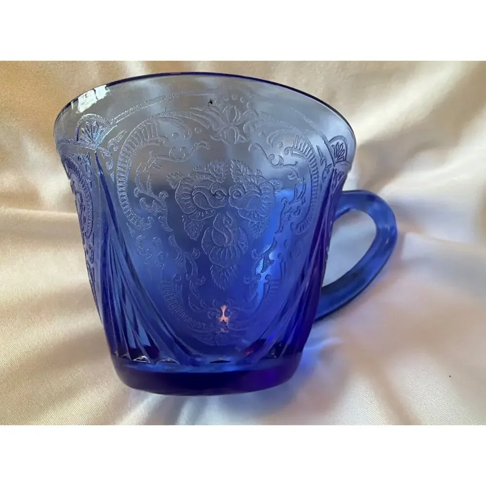 Vintage Cobalt Blue Pressed Glass Mug Cup Embossed Grape Pattern Depression
